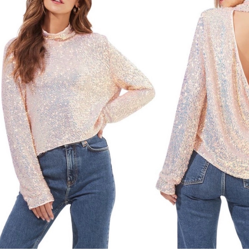 ASTR the Label Lia Sequin Backless Mock Neck Top